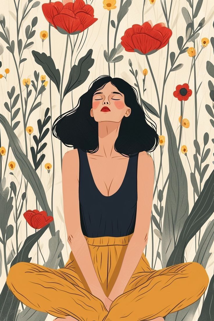 Mujer respirando con los ojos cerrados entre flores